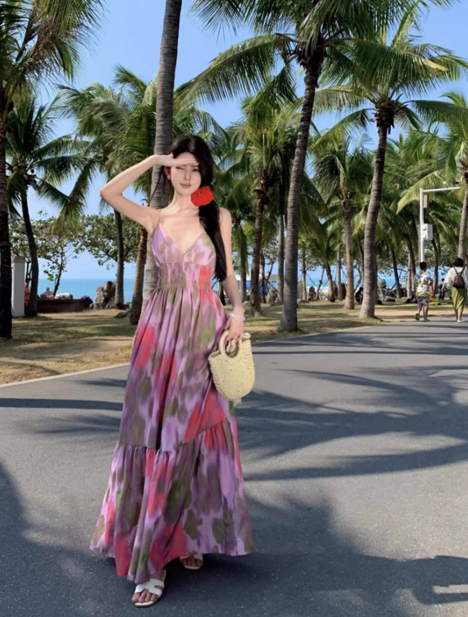 Boho Style Tie-Dye Floral Print Flowy Maxi Dress Fashion Open-Back Spaghetti Strap Beach Vacays Long Dress AP1503