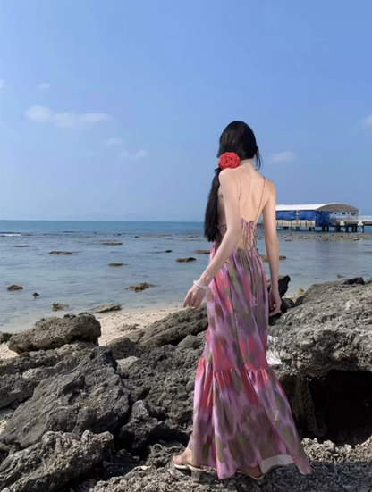 Boho Style Tie-Dye Floral Print Flowy Maxi Dress Fashion Open-Back Spaghetti Strap Beach Vacays Long Dress AP1503