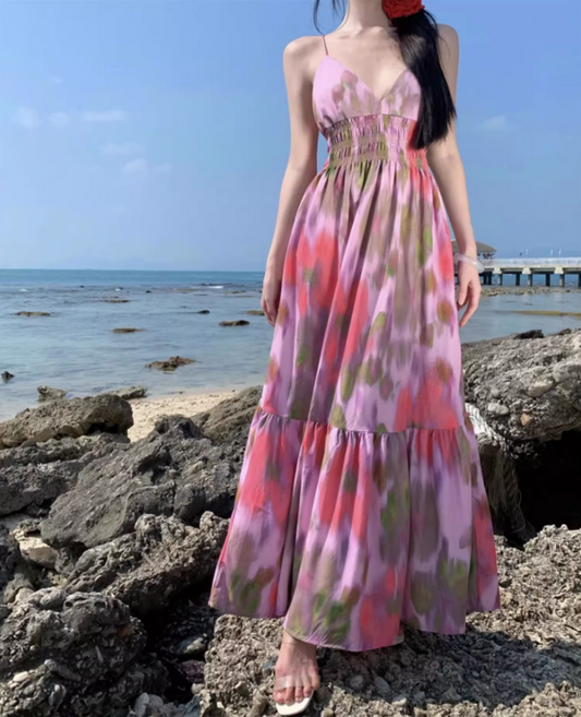 Boho Style Tie-Dye Floral Print Flowy Maxi Dress Fashion Open-Back Spaghetti Strap Beach Vacays Long Dress AP1503