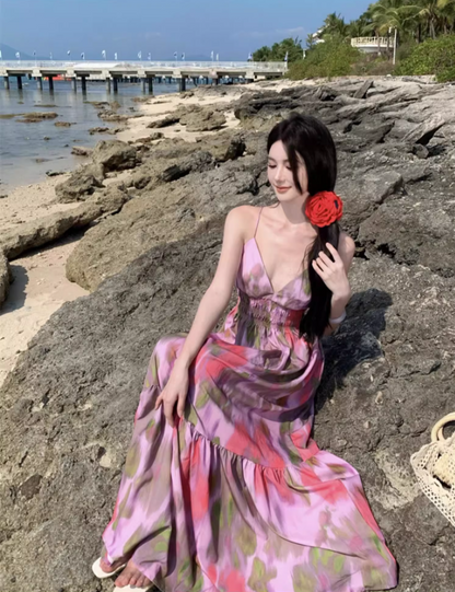 Boho Style Tie-Dye Floral Print Flowy Maxi Dress Fashion Open-Back Spaghetti Strap Beach Vacays Long Dress AP1503