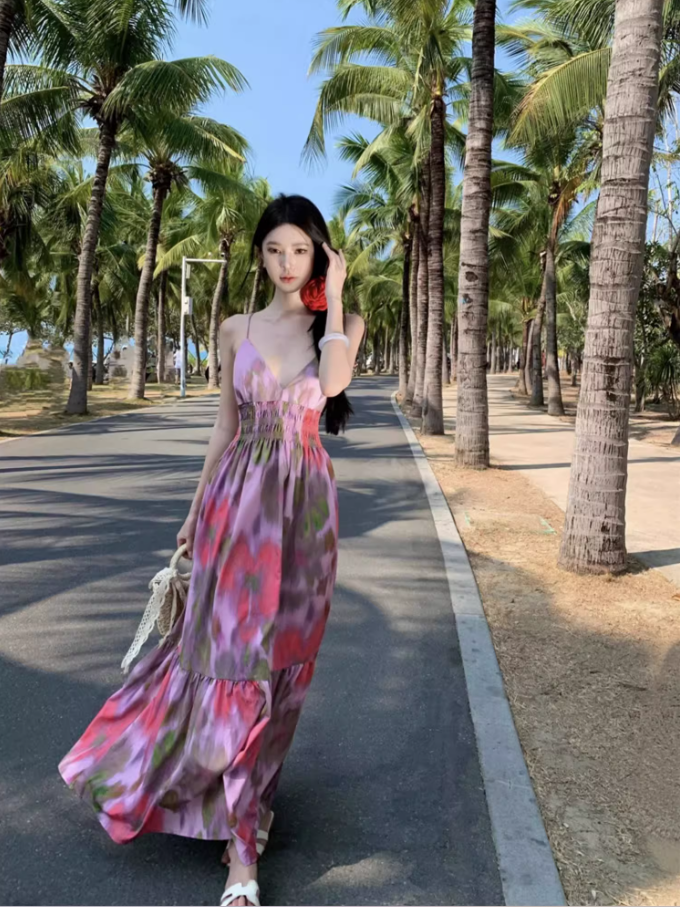 Boho Style Tie-Dye Floral Print Flowy Maxi Dress Fashion Open-Back Spaghetti Strap Beach Vacays Long Dress AP1503