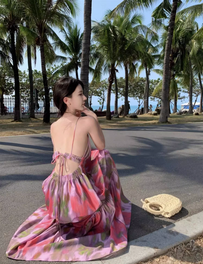 Boho Style Tie-Dye Floral Print Flowy Maxi Dress Fashion Open-Back Spaghetti Strap Beach Vacays Long Dress AP1503