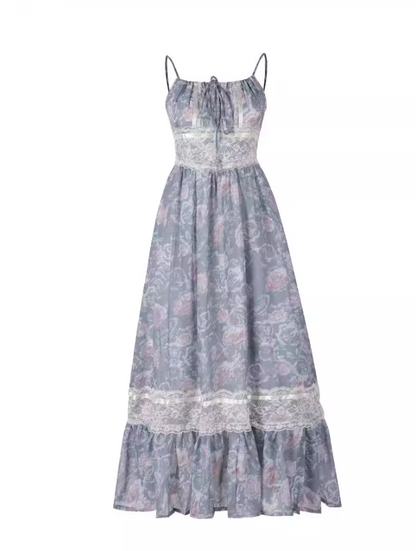 French-Inspired Vintage Floral Print Maxi Dress Tiered Hem Elegant Lace Trim Spaghetti Strap Beach Vacays Versatile Long Dress AP1504