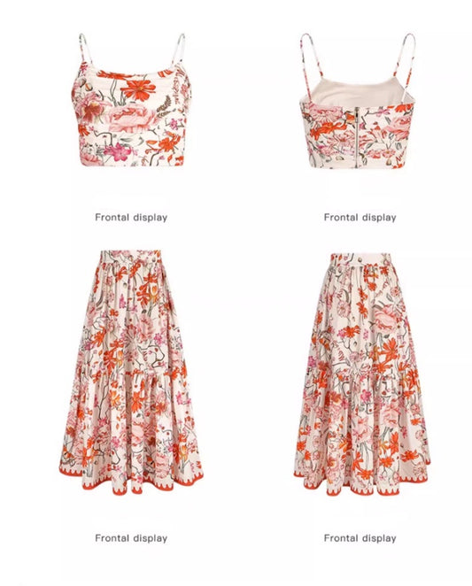 Dreamy Coral Spaghetti Strap Two-Piece Set Maxi Dress Graceful Stylish Shoots Flowy Floral Print Long Dress AP1505