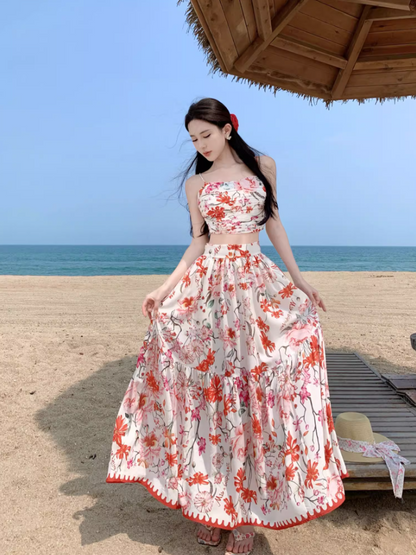 Dreamy Coral Spaghetti Strap Two-Piece Set Maxi Dress Graceful Stylish Shoots Flowy Floral Print Long Dress AP1505