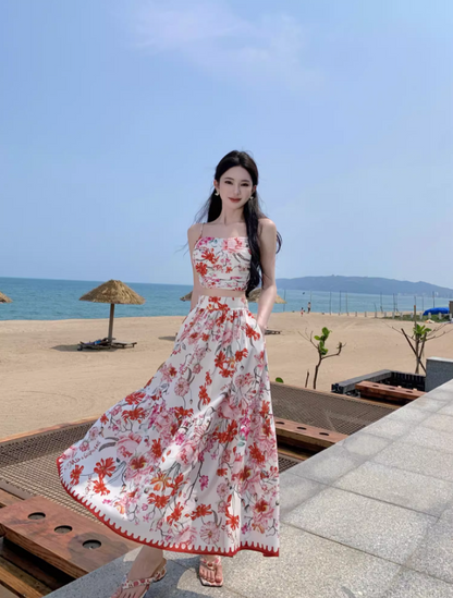 Dreamy Coral Spaghetti Strap Two-Piece Set Maxi Dress Graceful Stylish Shoots Flowy Floral Print Long Dress AP1505