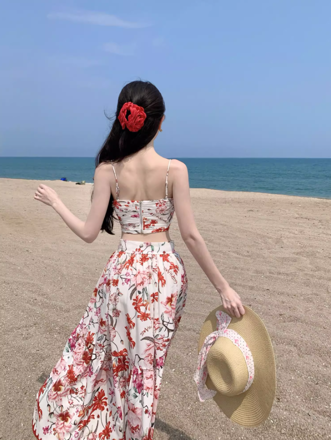 Dreamy Coral Spaghetti Strap Two-Piece Set Maxi Dress Graceful Stylish Shoots Flowy Floral Print Long Dress AP1505