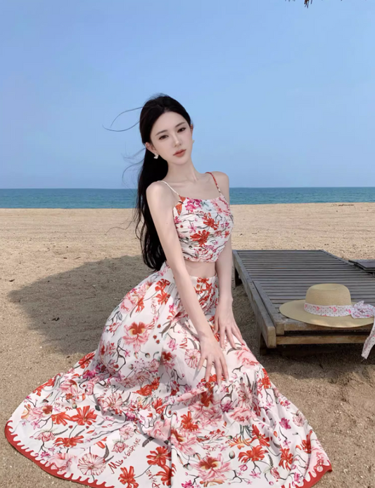 Dreamy Coral Spaghetti Strap Two-Piece Set Maxi Dress Graceful Stylish Shoots Flowy Floral Print Long Dress AP1505