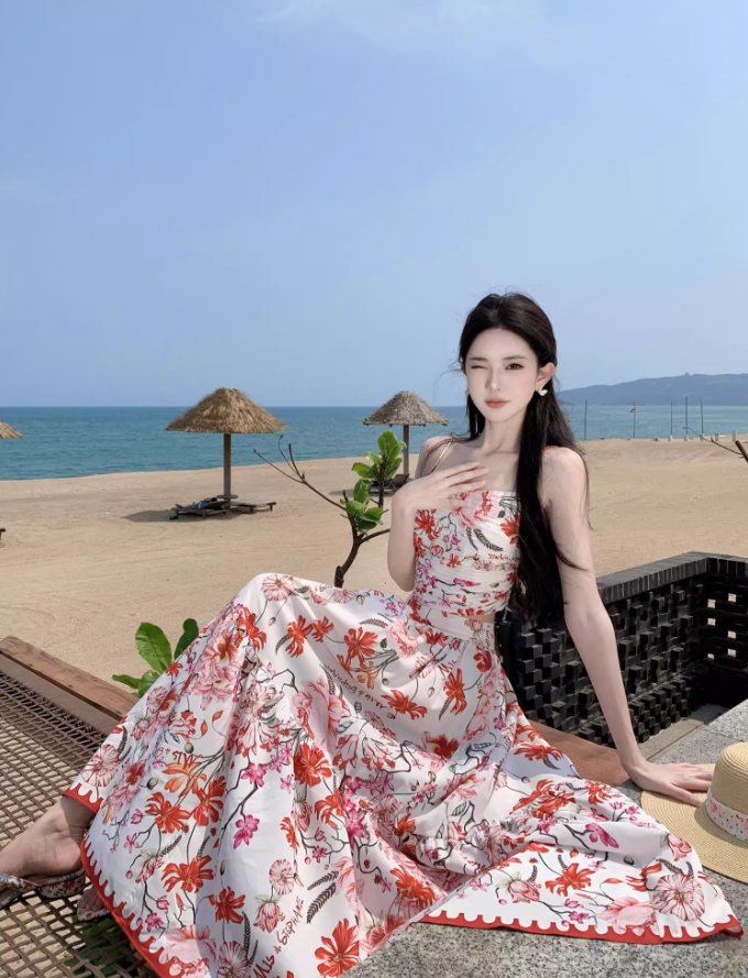 Dreamy Coral Spaghetti Strap Two-Piece Set Maxi Dress Graceful Stylish Shoots Flowy Floral Print Long Dress AP1505