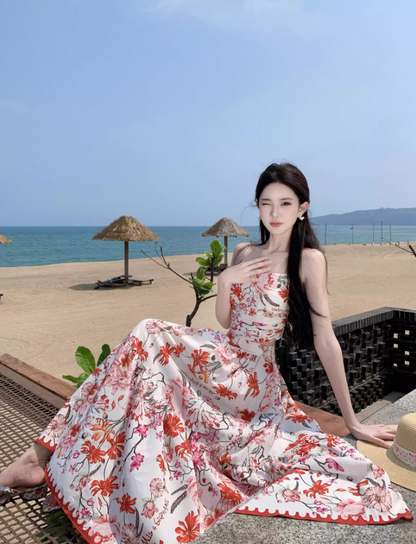 Dreamy Coral Spaghetti Strap Two-Piece Set Maxi Dress Graceful Stylish Shoots Flowy Floral Print Long Dress AP1505