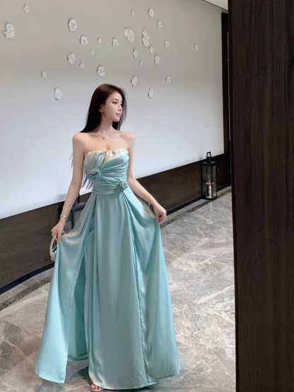 Charming Mint Green Strapless High-Slit Maxi Dress Stylish Shoots Chic Flowy Flowers Design Long Dress AP1506