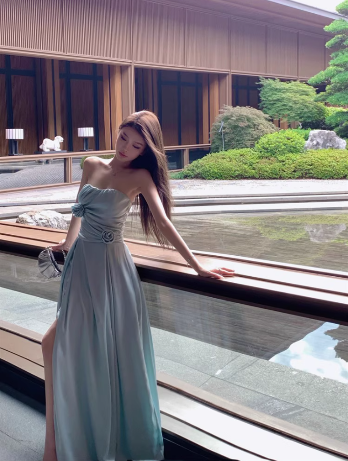 Charming Mint Green Strapless High-Slit Maxi Dress Stylish Shoots Chic Flowy Flowers Design Long Dress AP1506