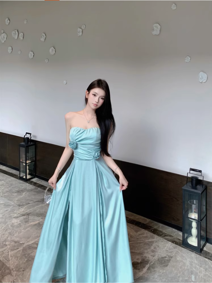 Charming Mint Green Strapless High-Slit Maxi Dress Stylish Shoots Chic Flowy Flowers Design Long Dress AP1506