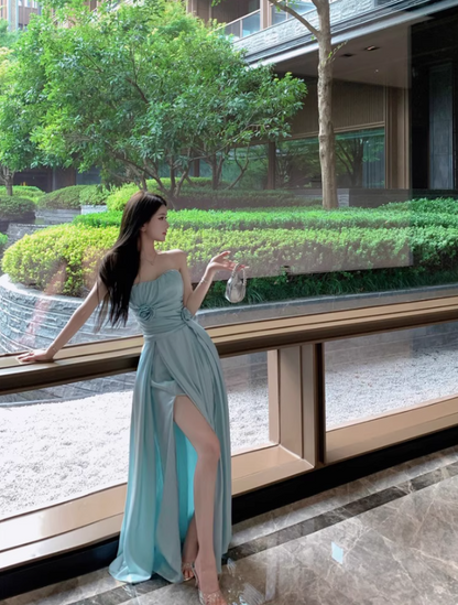 Charming Mint Green Strapless High-Slit Maxi Dress Stylish Shoots Chic Flowy Flowers Design Long Dress AP1506
