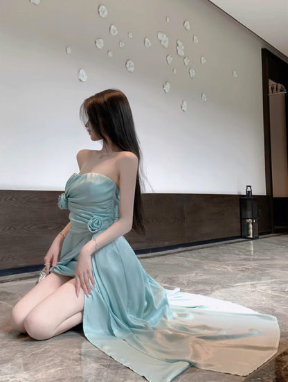 Charming Mint Green Strapless High-Slit Maxi Dress Stylish Shoots Chic Flowy Flowers Design Long Dress AP1506