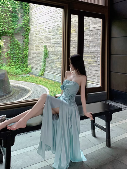 Charming Mint Green Strapless High-Slit Maxi Dress Stylish Shoots Chic Flowy Flowers Design Long Dress AP1506