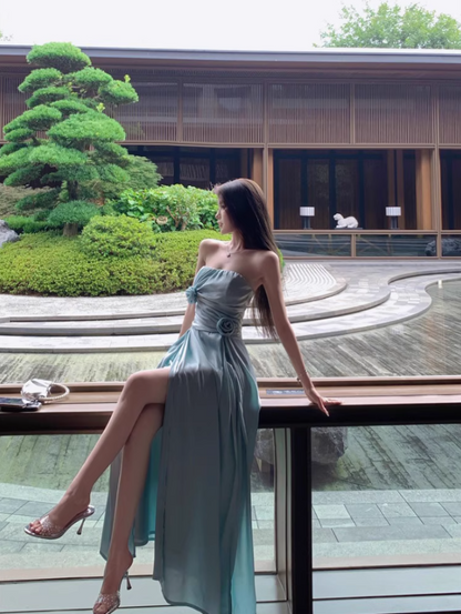 Charming Mint Green Strapless High-Slit Maxi Dress Stylish Shoots Chic Flowy Flowers Design Long Dress AP1506