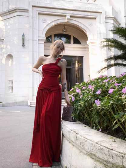 Alluring Red One-Shoulder Maxi Dress Stylish Shoots Vogue Flowy Ruched Bodycon Long Dress AP1507
