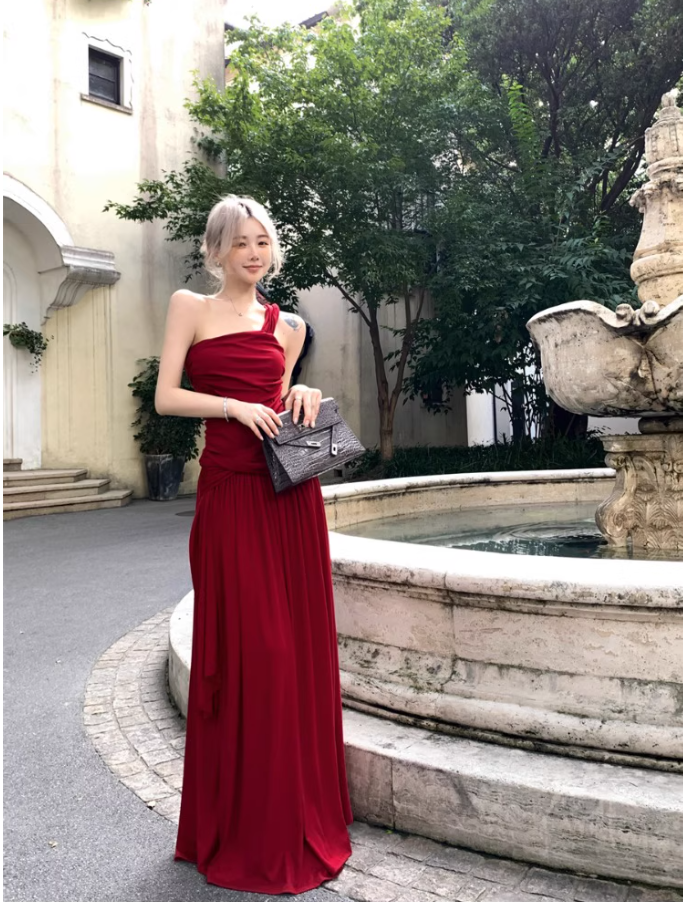 Alluring Red One-Shoulder Maxi Dress Stylish Shoots Vogue Flowy Ruched Bodycon Long Dress AP1507
