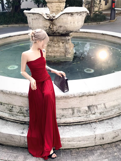 Alluring Red One-Shoulder Maxi Dress Stylish Shoots Vogue Flowy Ruched Bodycon Long Dress AP1507