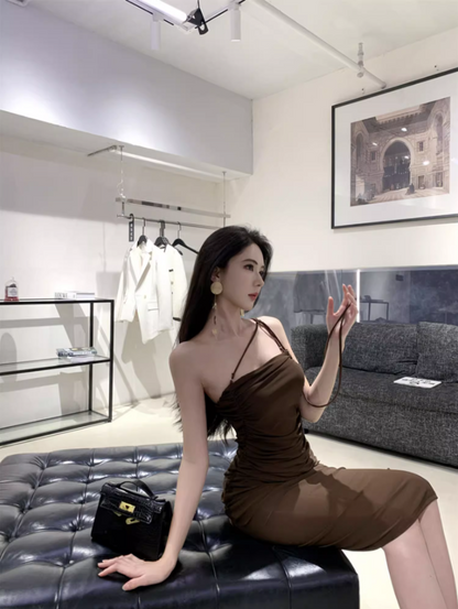 Vogue Gen Z Hot Girls Asymmetric Neck Midi Dress Y2K Stylish Shoots Sheath Backless Long Dress AP1508