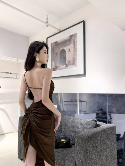 Vogue Gen Z Hot Girls Asymmetric Neck Midi Dress Y2K Stylish Shoots Sheath Backless Long Dress AP1508