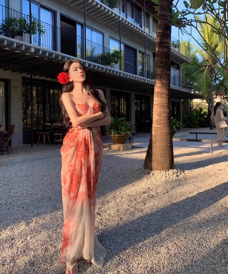 Glamorous Coral Strapless Floral Print Maxi Dress Chic Flowy Stylish Shoots Ruched Long Dress AP1509