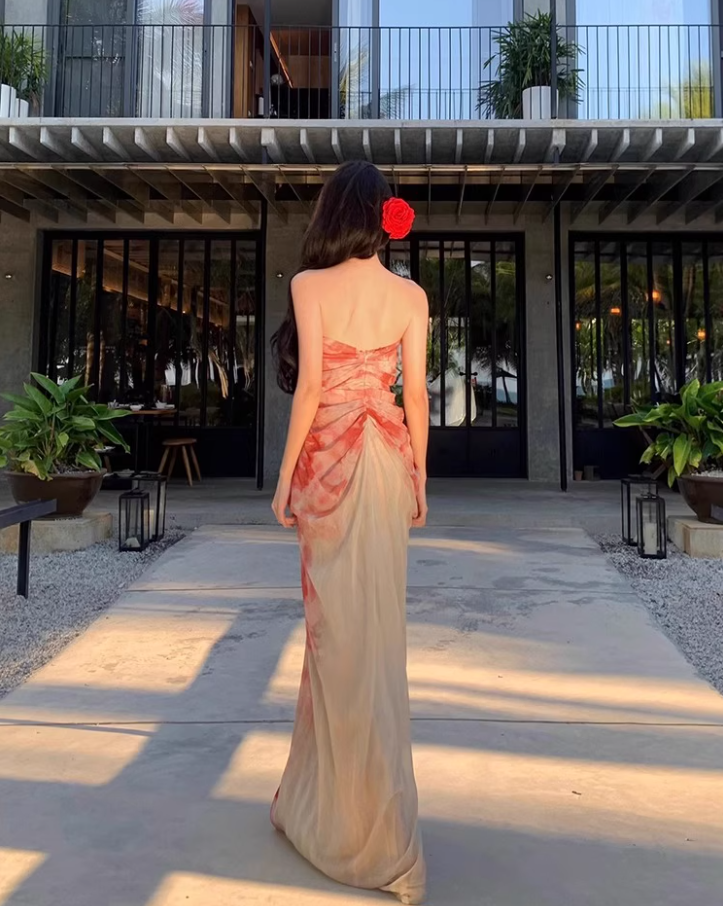 Glamorous Coral Strapless Floral Print Maxi Dress Chic Flowy Stylish Shoots Ruched Long Dress AP1509