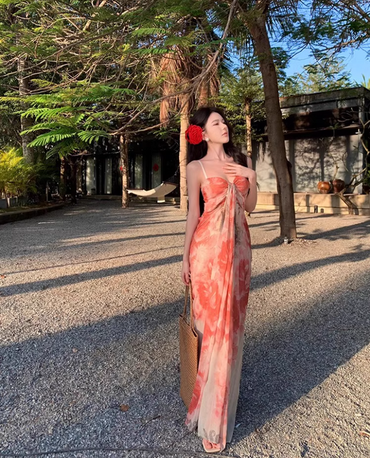 Glamorous Coral Strapless Floral Print Maxi Dress Chic Flowy Stylish Shoots Ruched Long Dress AP1509