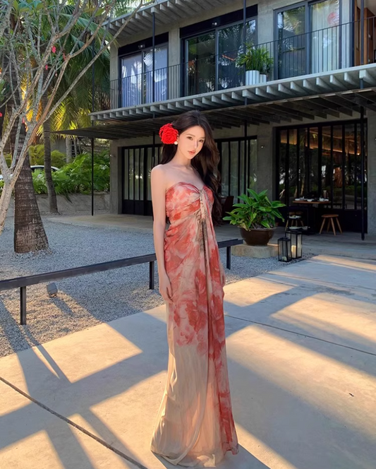 Glamorous Coral Strapless Floral Print Maxi Dress Chic Flowy Stylish Shoots Ruched Long Dress AP1509