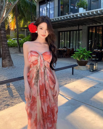 Glamorous Coral Strapless Floral Print Maxi Dress Chic Flowy Stylish Shoots Ruched Long Dress AP1509