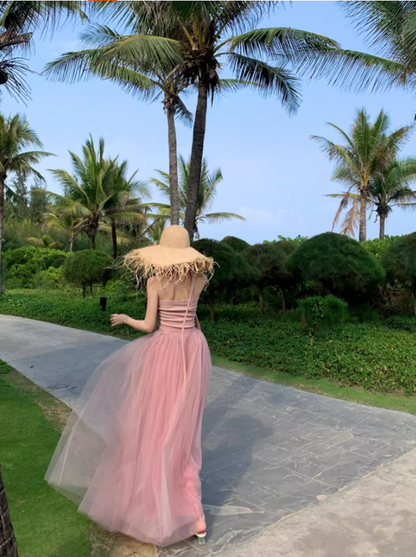 Romantic Pink Strapless Flowers Design Maxi Dress Stylish Shoots Cute Tulle Layered Long Dress AP1510