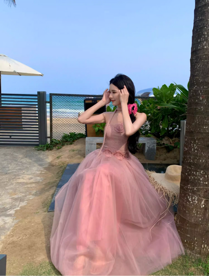 Romantic Pink Strapless Flowers Design Maxi Dress Stylish Shoots Cute Tulle Layered Long Dress AP1510