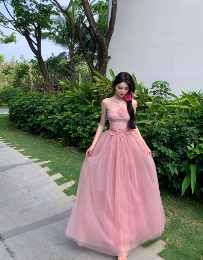 Romantic Pink Strapless Flowers Design Maxi Dress Stylish Shoots Cute Tulle Layered Long Dress AP1510