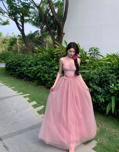 Romantic Pink Strapless Flowers Design Maxi Dress Stylish Shoots Cute Tulle Layered Long Dress AP1510