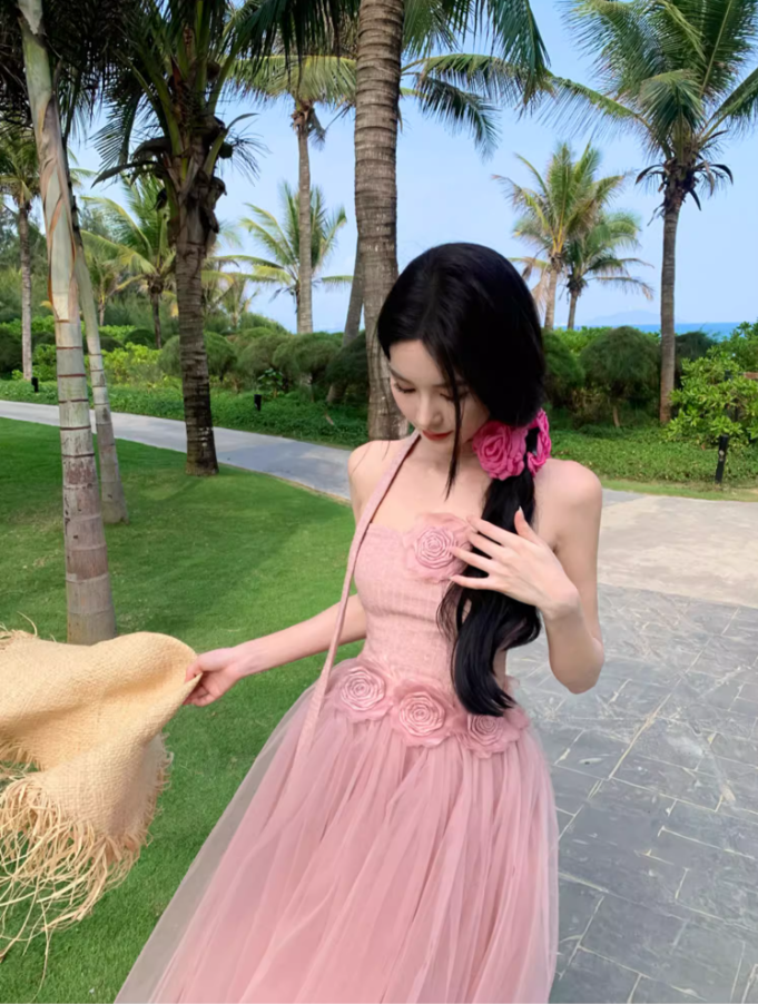 Romantic Pink Strapless Flowers Design Maxi Dress Stylish Shoots Cute Tulle Layered Long Dress AP1510