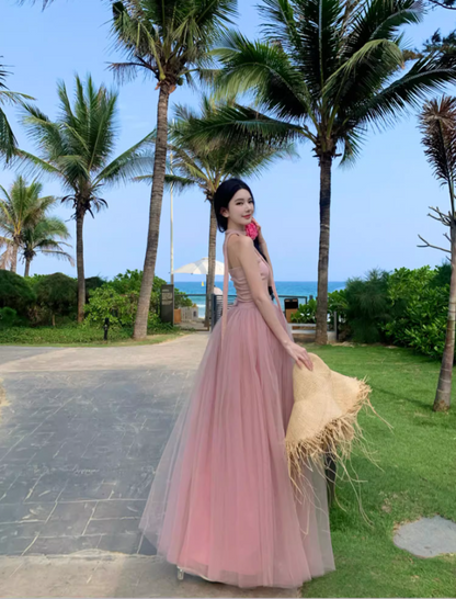 Romantic Pink Strapless Flowers Design Maxi Dress Stylish Shoots Cute Tulle Layered Long Dress AP1510