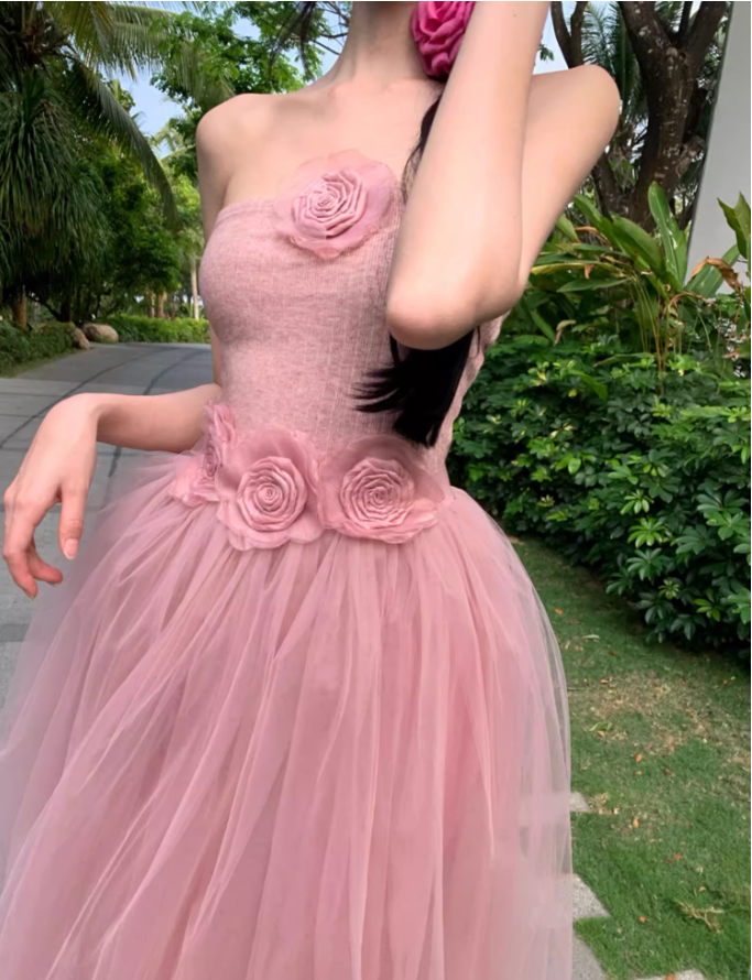 Romantic Pink Strapless Flowers Design Maxi Dress Stylish Shoots Cute Tulle Layered Long Dress AP1510