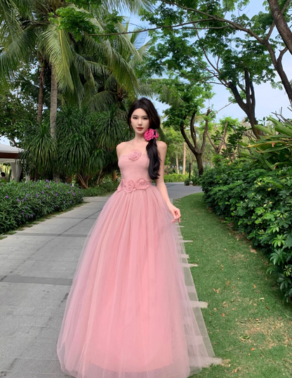 Romantic Pink Strapless Flowers Design Maxi Dress Stylish Shoots Cute Tulle Layered Long Dress AP1510