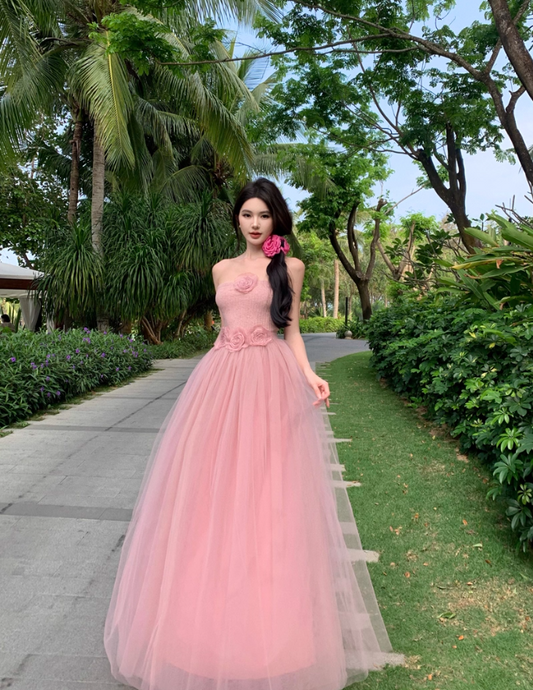 Romantic Pink Strapless Flowers Design Maxi Dress Stylish Shoots Cute Tulle Layered Long Dress AP1510