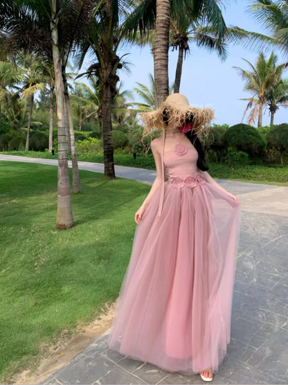 Romantic Pink Strapless Flowers Design Maxi Dress Stylish Shoots Cute Tulle Layered Long Dress AP1510