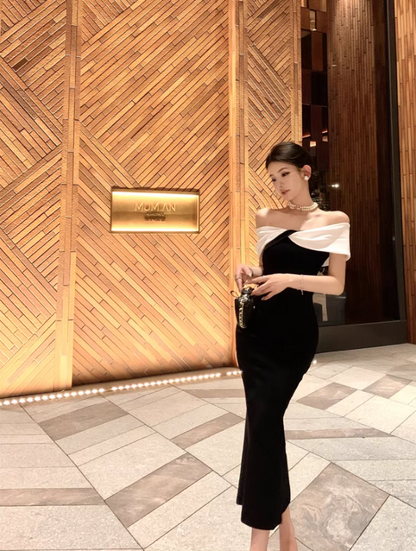 Alluring Black Sheath Mermaid Maxi Dress Sexy Stylish Shoots White Off-Shoulder Slit Long Dress AP1511