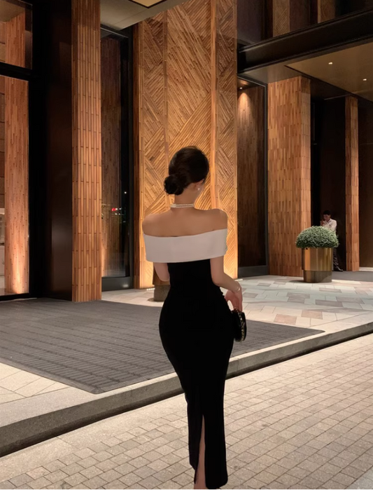 Alluring Black Sheath Mermaid Maxi Dress Sexy Stylish Shoots White Off-Shoulder Slit Long Dress AP1511