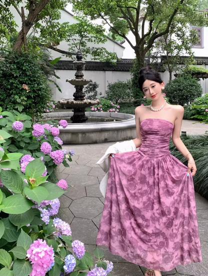 Romantic Stylish Shoots Strapless Floral Print Maxi Dress Fashionable Cinched-Waist Ruched Flowy Hem Long Dress AP1512