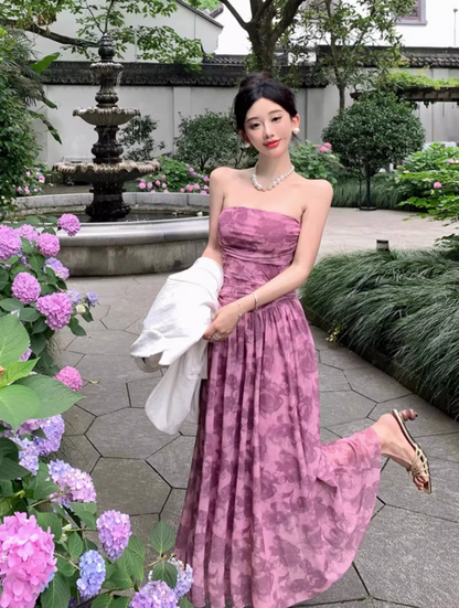 Romantic Stylish Shoots Strapless Floral Print Maxi Dress Fashionable Cinched-Waist Ruched Flowy Hem Long Dress AP1512