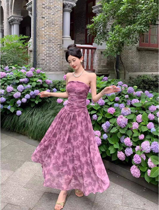 Romantic Stylish Shoots Strapless Floral Print Maxi Dress Fashionable Cinched-Waist Ruched Flowy Hem Long Dress AP1512