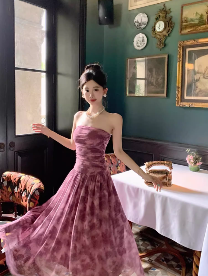 Romantic Stylish Shoots Strapless Floral Print Maxi Dress Fashionable Cinched-Waist Ruched Flowy Hem Long Dress AP1512