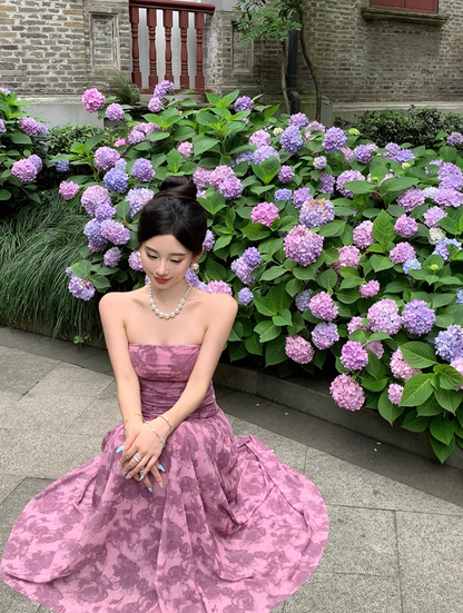 Romantic Stylish Shoots Strapless Floral Print Maxi Dress Fashionable Cinched-Waist Ruched Flowy Hem Long Dress AP1512