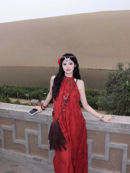 Chic Stylish Shoots Round Neck Red Maxi Dress Loose Style Flowy Hem Long Dress AP1513