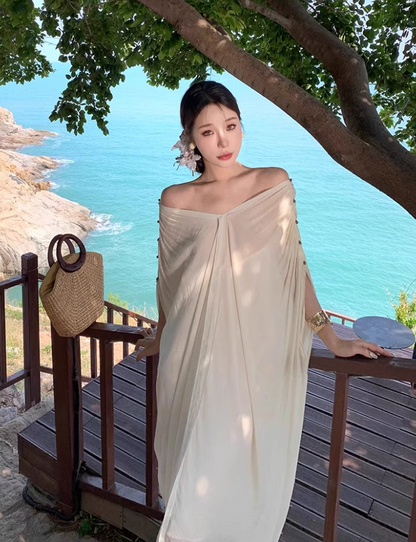 Dreamy V-Neck Beige Kaftan With Spaghetti Strap Maxi Dress Chic Beach Vacays Ruched Sleeve Long Dress AP1514